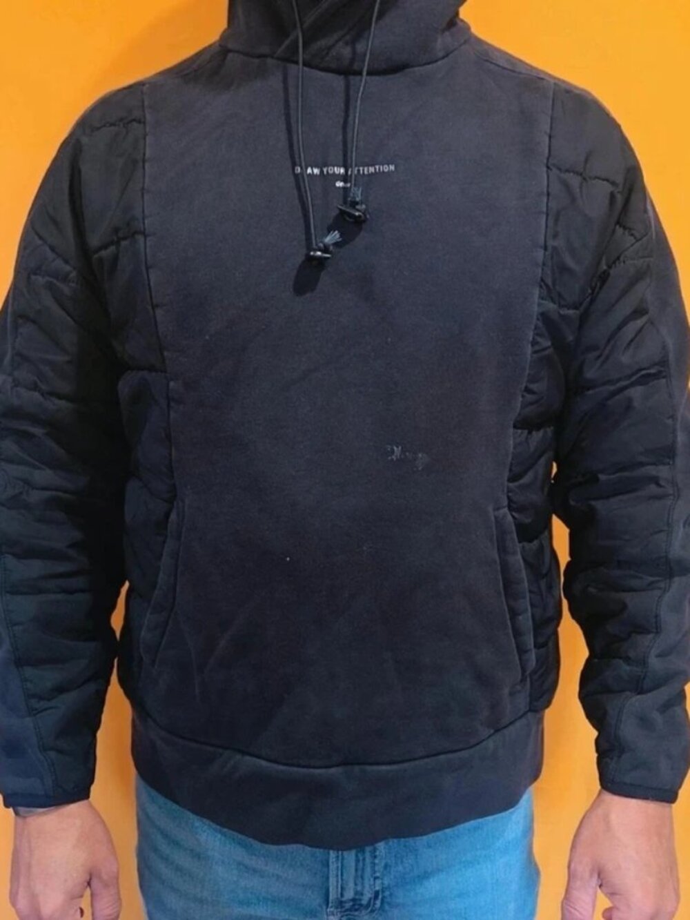 Black Mixed-Media Hooded Jacket - Quilted Padded Sleeves & Sides